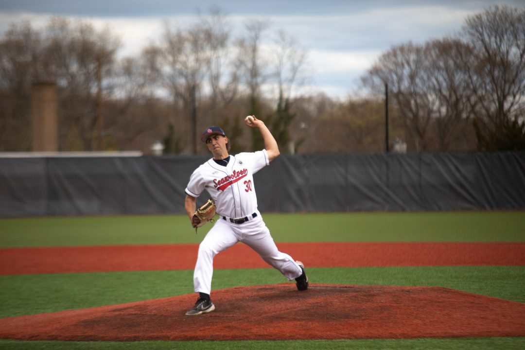 Graduate Jared Milch pitching in a game against UMBC on April 17. ETHAN TAM/THE STATESMAN
