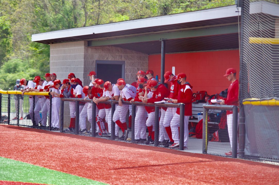 The Stony Brook dugout at Joe Nathan Field in a game against NJIT on May 9. The America East canceled the 2021 Baseball Championship held at Joe Nathan Field due to rain.
