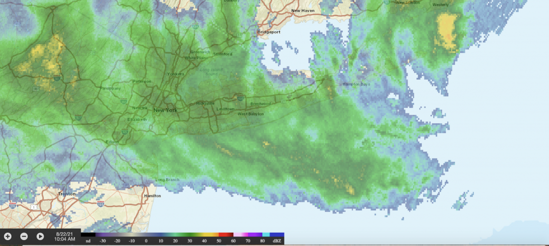 The National Weather Service radar as tropical storm Henry hits Long Island Sunday, Aug. 22. The storm is expected to pick up this afternoon. PUBLIC DOMAIN