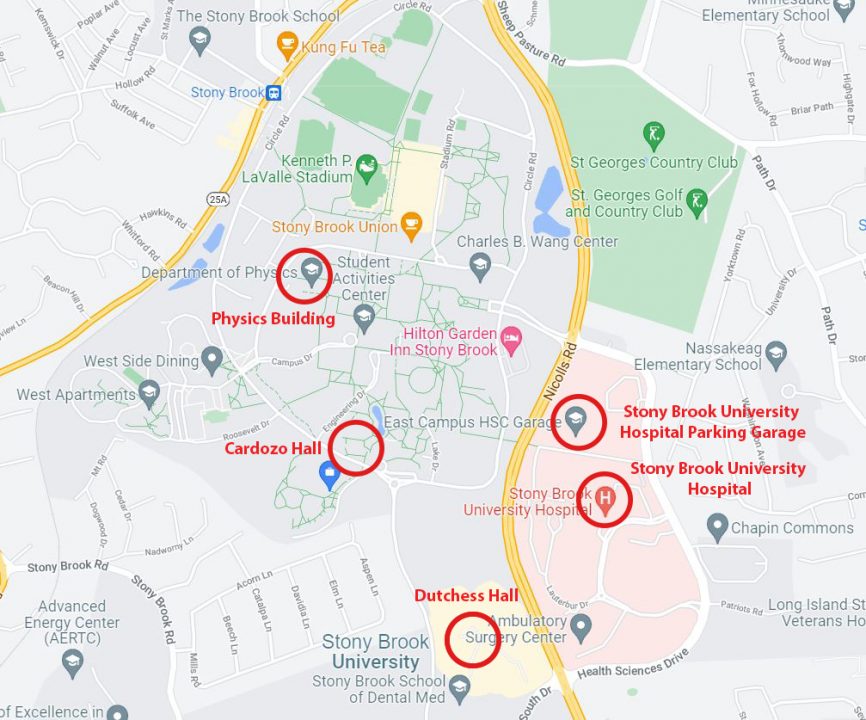 A map of Stony Brook University marked with the locations of crimes that occurred on campus from Wednesday, Sept. 3 to Monday, Sept. 8. GRAPHIC BY KAT PROCACCI