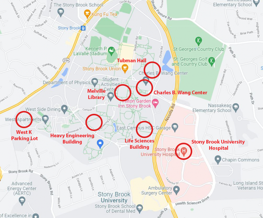A map of Stony Brook University marked with the locations of crimes that occurred on campus from Friday, Sept. 10 to Friday, Sept. 7. GRAPHIC BY KAT PROCACCI