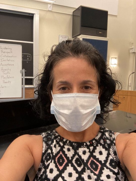 Professor Shoshana Hershkowitz sends a masked-up selfie after her choral practice on Thursday night, September 1, 2021. AMY SHELDON / THE STATESMAN 