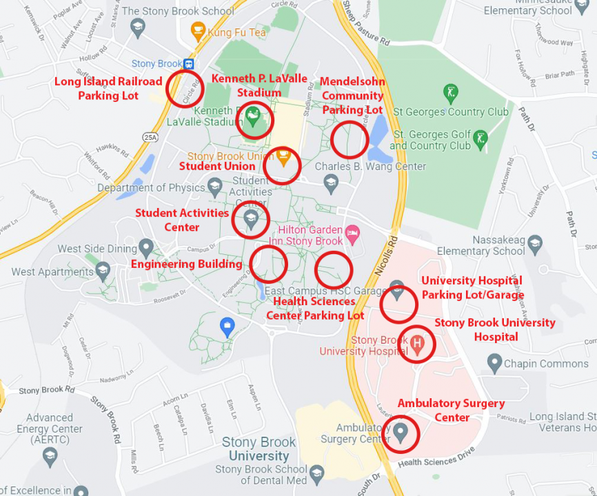 A map of Stony Brook University marked with the locations of crimes that occurred on campus from Thursday, Sept. 28 to Thursday, Oct. 12. GRAPHIC BY KAT PROCACCI
