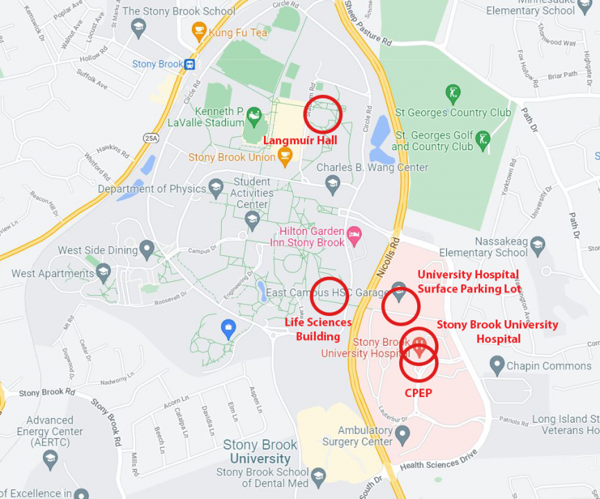 A map of Stony Brook University marked with the locations of crimes that occurred on campus from Monday, Sept. 20 to Friday, Sept. 24. GRAPHIC BY KAT PROCACCI