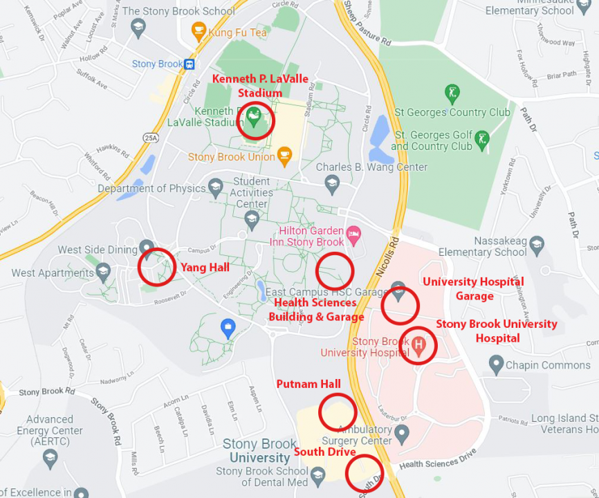 A map of Stony Brook University marked with the locations of crimes that occurred on campus from  GRAPHIC BY KAT PROCACCI