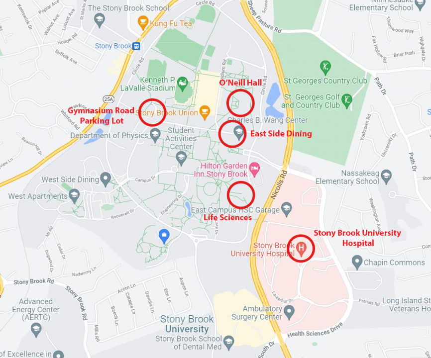 A map of Stony Brook University marked with the locations of crimes that occurred on campus from Thursday, Oct. 21 to Tuesday, Oct. 26. GRAPHIC BY KAT PROCACCI