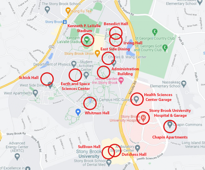 A map of Stony Brook University marked with the locations of crimes that occurred on campus from GRAPHIC BY KAT PROCACCI
