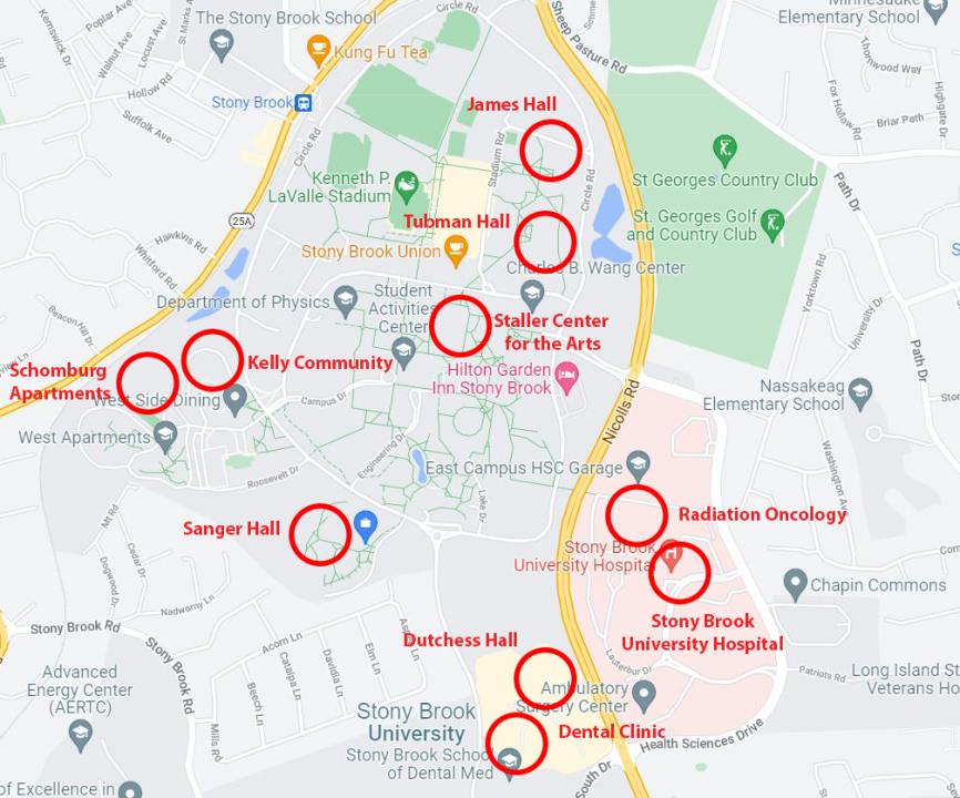 A map of Stony Brook University marked with the locations of crimes that occurred on campus from Thursday, Nov. 18 to Thursday, Dec. 2. GRAPHIC BY KAT PROCACCI