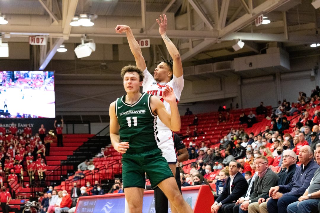 Guard Tyler Stephenson-Moore  shooting the ball in the game against Binghamton on Feb 2. [INSERT MORE HERE CAPTION NOT FINISHED] CAMRON WANG/THE STATESMAN 