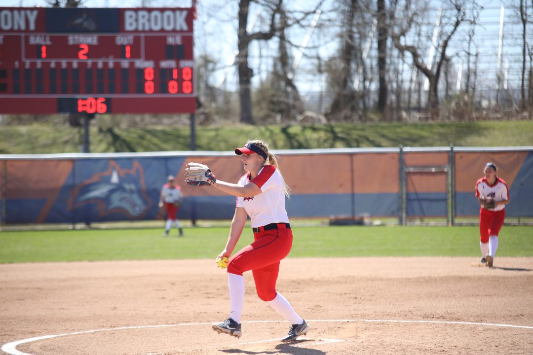 Pitcher Dawn Bodrug pitching in the game against Hofstra on Apr. 6, 2021. STEPHANIE MACH/THE STATESMAN