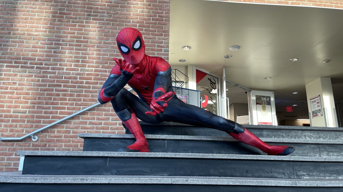 The iconic Stony Brook Spider-Man in all his glory. The costumed Wallcrawler devotes his time to bringing positivity to the campus community. LUBABA SHARIF/THE STATESMAN