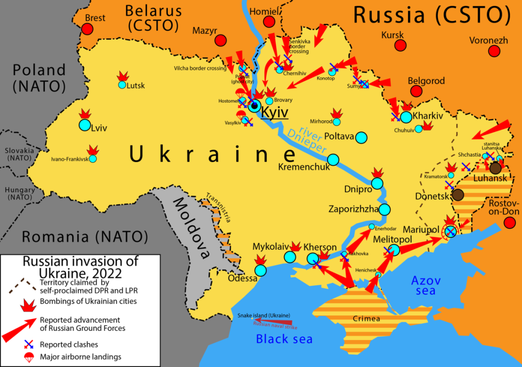 A map of the invasion of Ukraine by Russia starting on Feb. 24 2022. PUBLIC DOMAIN