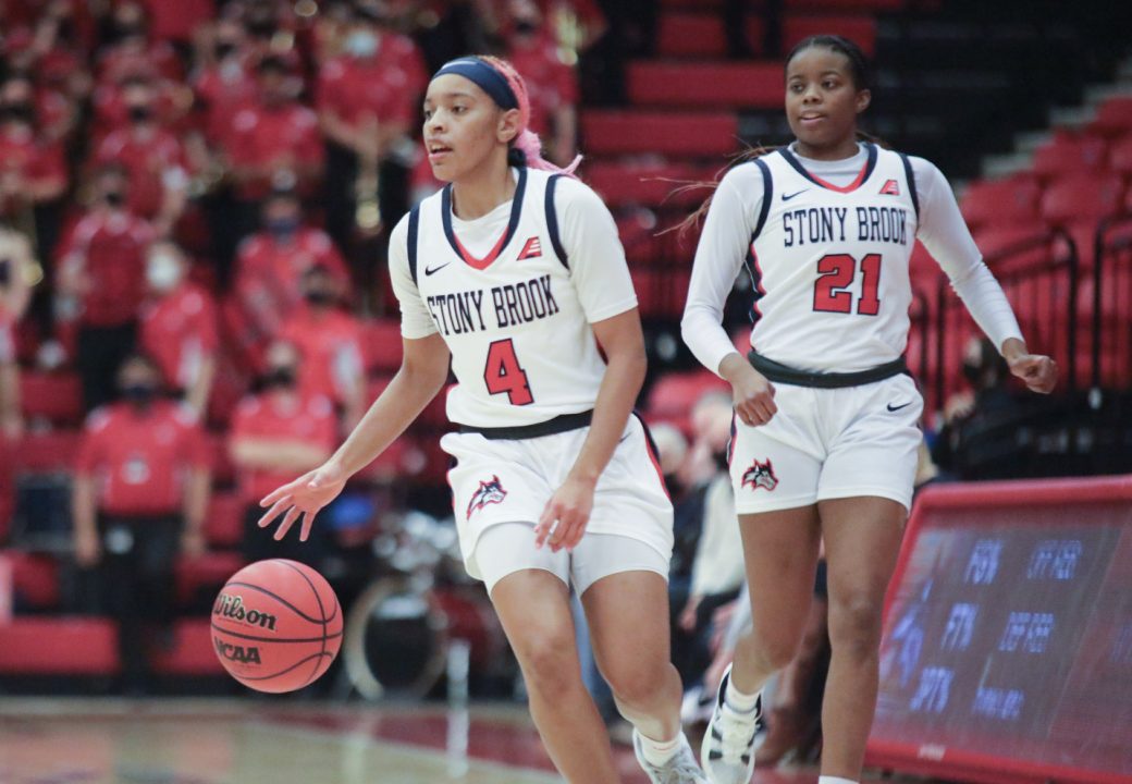 Guard Annie Warren with Forward Kelis Corley during the game against New Hampshire on January 28. The Seawolves were defeated by the VCU Rams 56-48 on March 18th at WNIT. KAT PROCACCI/THE STATESMAN 