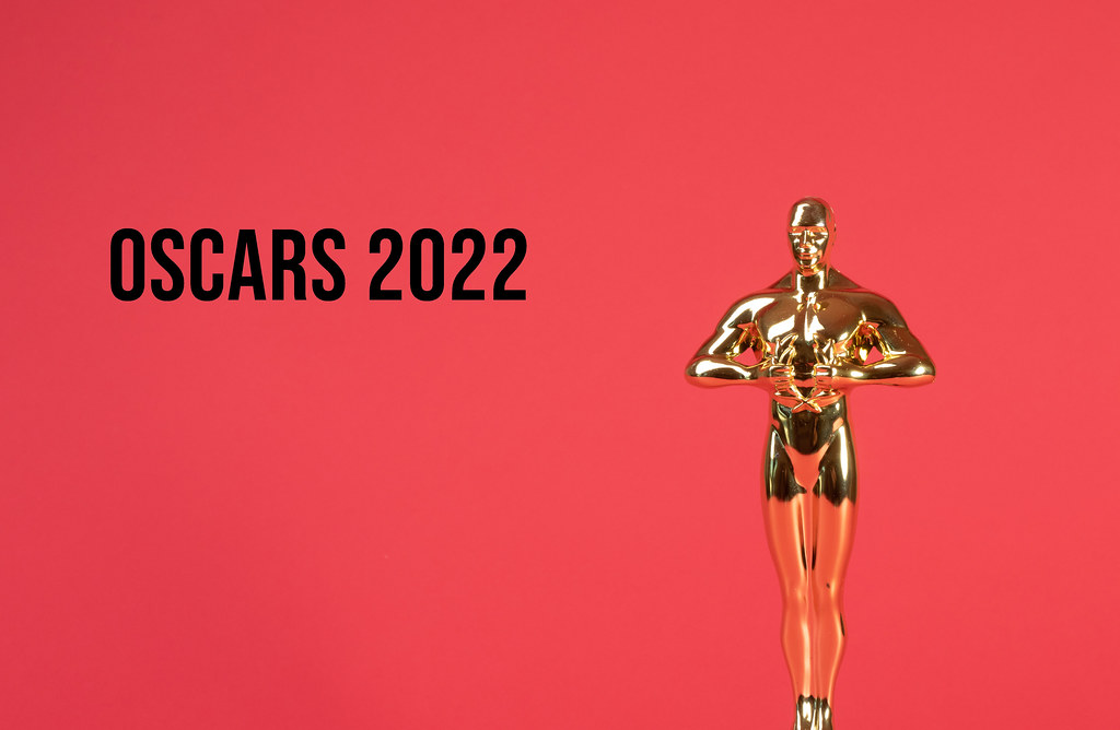 Oscar academy award with Oscars 2022 text on red background. JERNEJ FURMAN/CC BY 2.0