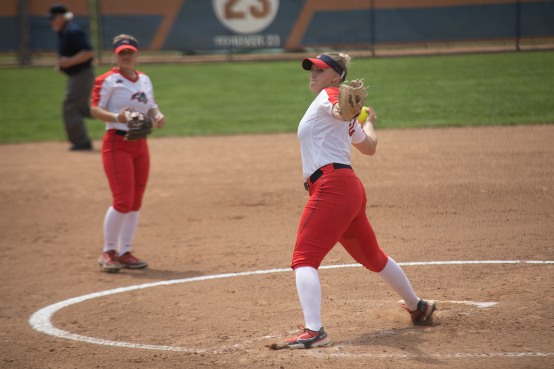 Dawn Bodrug pitching in the Hartford game on April 23. KARALINE TALTY/THE STATESMAN