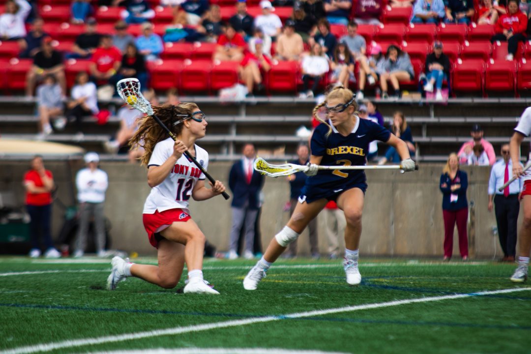 Midfielder Ellie Masera about to shoot a goal in the first round of the NCAA Tournament against Drexel. Masera led Stony Brook with five goals. ETHAN TAM/THE STATESMAN