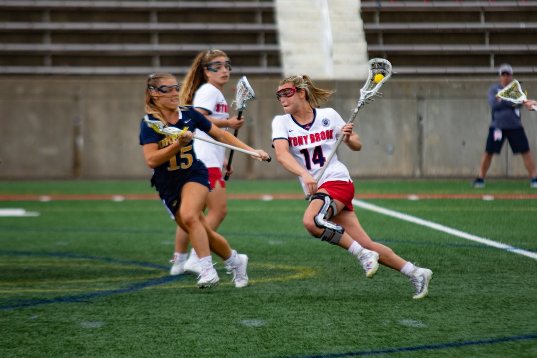 Attacker Kailyn Hart playing against Drexel in the first round of the NCAA Tournament. Hart and the Seawolves will need to beat undefeated UNC to advance past the quarterfinals. ETHAN TAM/THE STATESMAN