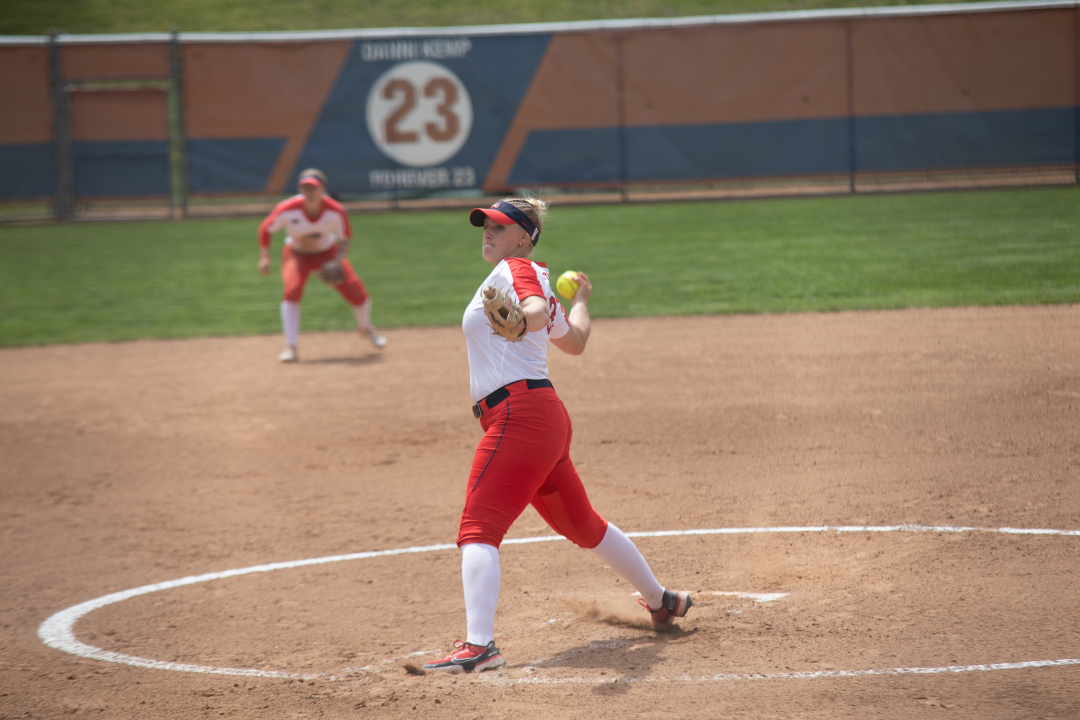 Dawn Bodrug pitching during the game against Hartford on April 23. Bodrug broke the record for most single season strikeouts after the game against UMass Lowell on May 7.KARALINE TALTY/THE STATESMAN