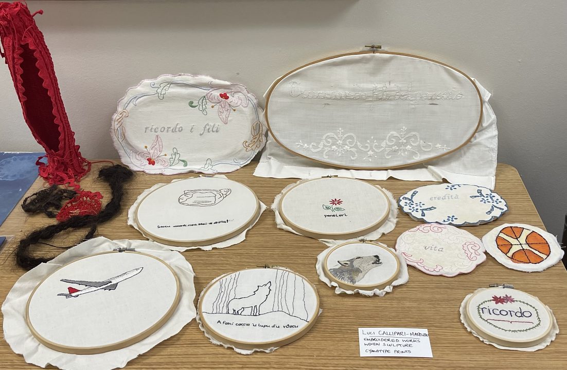 Embroidered artwork from Italian artist Luci Callipari Marcuzzo. Marcuzzo visted Stony Brook University on Sept. 20 for a conversation with the Center for Italian Studies.  MELANIE NAVARRO/ THE STATESMAN 