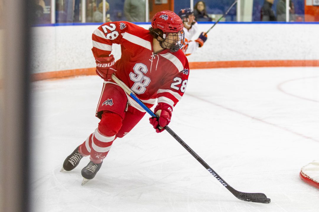 Forward Kyle Nestepny in action in the opening series against Syracuse. The Stony Brook club hockey team swept the Orange to start off the new year 2-0. PHOTO COURTESY OF DAVID HERMAN