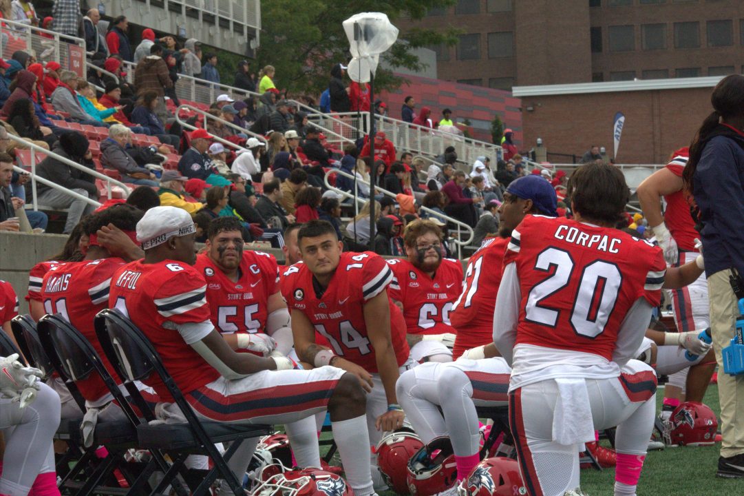 The Stony Brook football team sitting on the sideline in the game against William & Mary on Saturday, Oct. 1. The Seawolves were defeated once again on Saturday, as their nightmare season continued. TIM GIORLANDO/THE STATESMAN