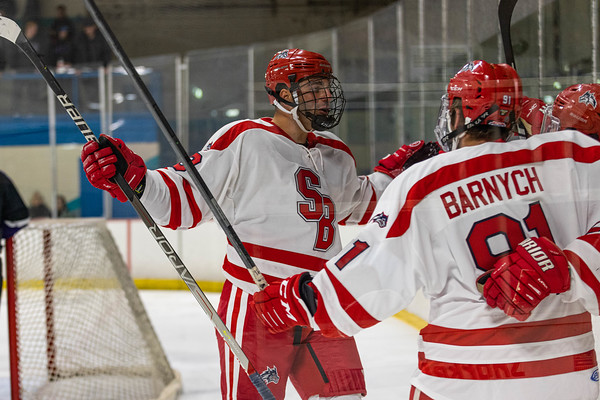 Forwards Matt Minerva (left) and Greg Barnych (right) celebrating a goal scored scored against NYU on Saturday, Oct. 8. The two forwards came up big for the Stony Brook hockey team in its 4-3 victory against Manhattanville on Saturday. Source: AZTEKPHOTOS
