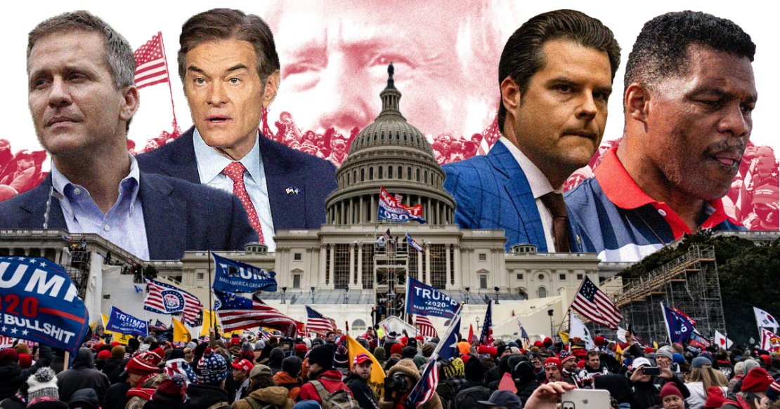A graphic of the Jan 6 Capital Riot featuring, from the left: Former Georgia Governor Eric Greitens, Dr. Mehmet Oz, Former President Donald Trump, Representative Matthew Gaetz, and Former NFL Player Hershel Walker.ILLUSTRATED BY TIM GIORLANDO/ THE STATESMAN