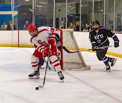 Right winger Brandon Avezov in a game against NYU on Saturday, Oct. 8. Avezov leads the Stony Brook club hockey team in points this year, and scored six of them on Friday at the Violets. PHOTO COURTESY OF AZTEKPHOTOS