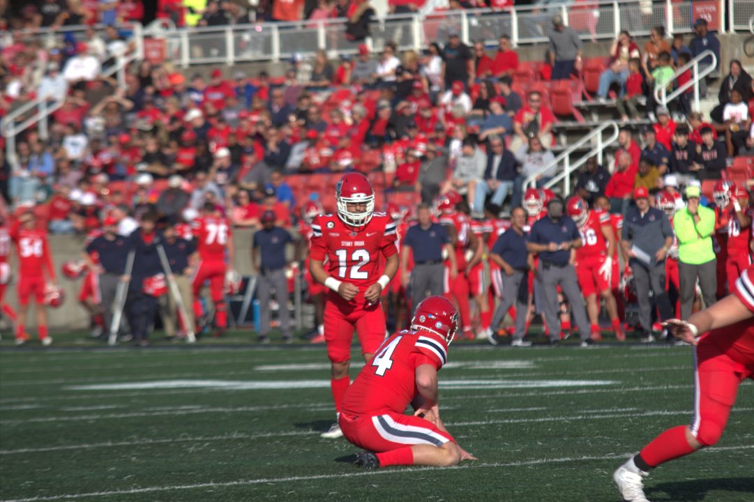 Kicker Angelo Guglielmello lining up for an extra point in a game against Maine on Oct. 22. Guglielmello kicked a game-winning field goal for the Stony Brook football team on Saturday against Morgan State. CAMRON WANG/THE STATESMAN