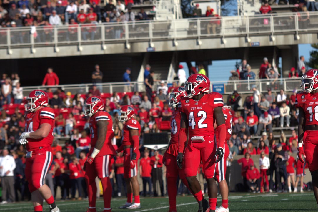 The Stony Brook football teams defense lining up before the snap on Saturday, Oct. 22. The defense will play a pivotal role in the Seawolves success on Saturday against Towson. CAMRON WANG/THE STATESMAN