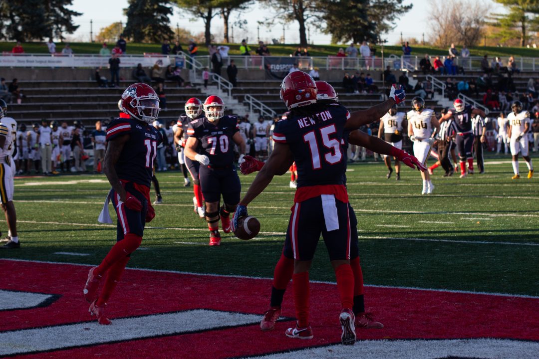 Wide receiver Khalil Newton celebrating a touchdown with his teammates on Saturday, Nov. 12. The Stony Brook football team fell to 2-8 after losing its home finale to Towson. TIM GIORLANDO/THE STATESMAN
