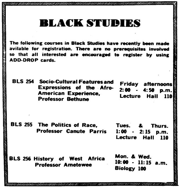 A screenshot of the original text of the article, “Black studies program opened.” Courses were added in Black Studies and made available for registration. STATESMAN FILE