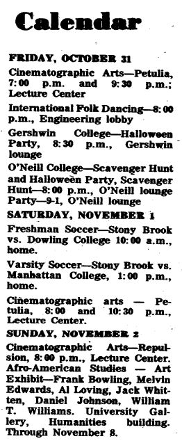 A screenshot of the original text of the article, “Calendar.” Events were going on throughout Halloween weekend in 1969. STATESMAN FILE