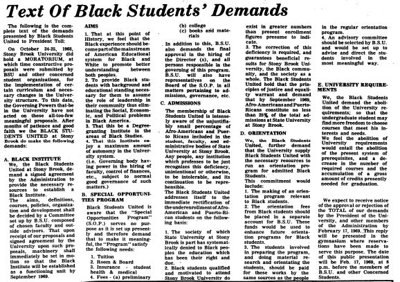 A screenshot of the original text of the article, “Text of Black students demands.” Black Students United presented a list of demands to President Toll in 1969.STATESMAN FILE