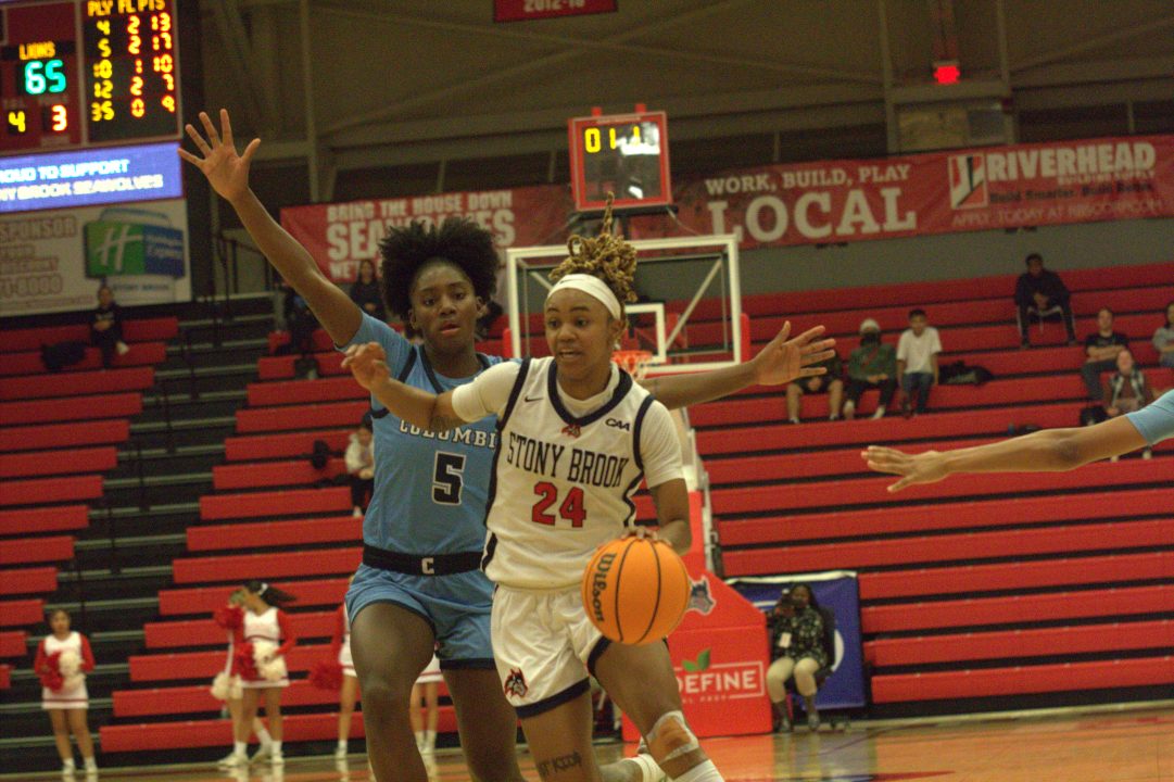 Guard Daishai Almond driving the basket against Columbia on Wednesday, Dec. 7. The Stony Brook womens basketball team improved to 4-1 in home games after picking up another win against Maryland Eastern Shore. CAMRON WANG/THE STATESMAN