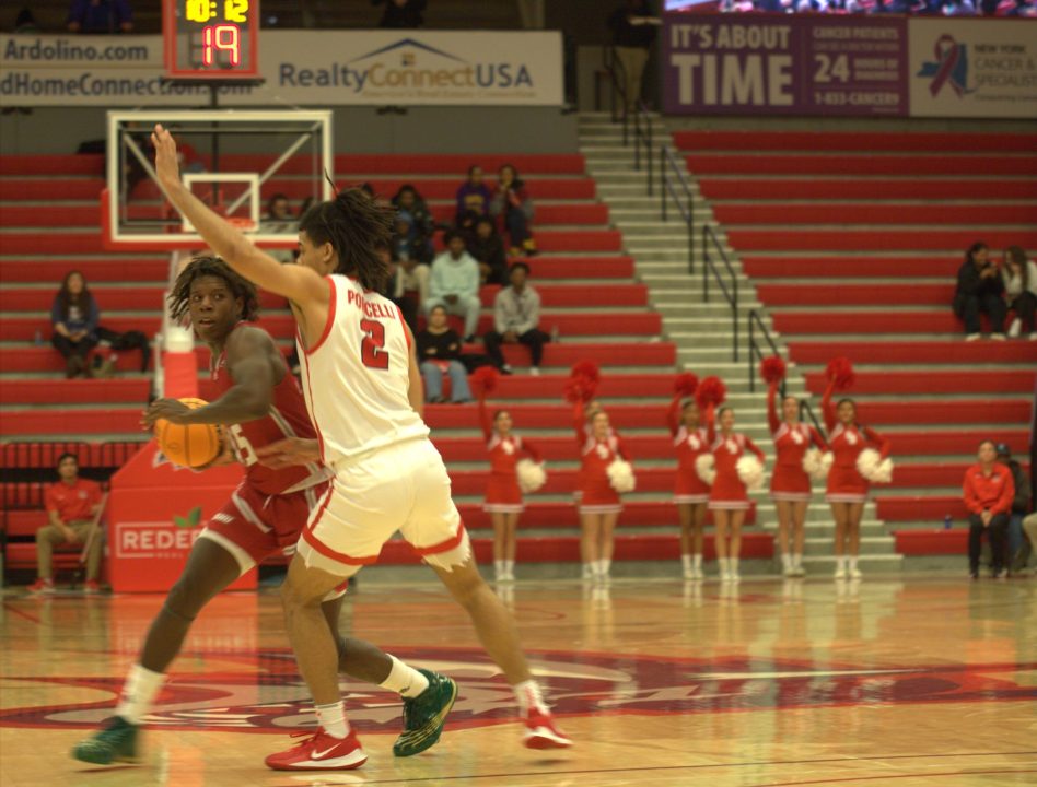Forward Frankie Policelli playing defense against Sacred Heart on Monday, Dec. 12. The Stony Brook men