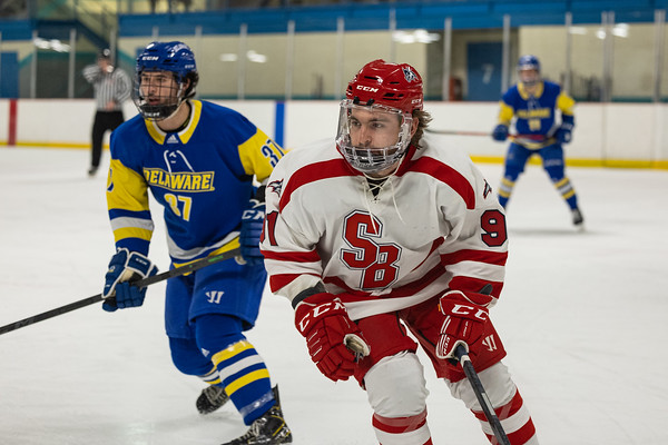 Center Greg Barnych in a game against Delaware on Sunday, Jan. 15. The Stony Brook club hockey team was swept at Adrian last weekend. PHOTO COURTESY OF AZTEKPHOTOS