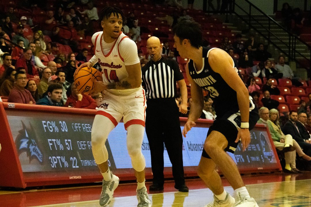 Guard Tyler Stephenson-Moore looking to create a shot against Monmouth on Wednesday, Feb. 8. Stephenson-Moore returned from an injury and played well, but it was still not enough for the Stony Brook mens basketball team. VIKRAM SETHI/THE STATESMAN