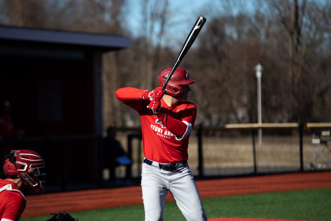 Third baseman Evan Giordano taking an at bat in a scrimmage on Friday, Feb. 10. The reigning America East Player of the Year will look to lead Stony Brook baseball to a successful 2023. KAT PROCACCI 