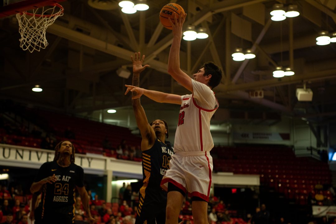 Center Keenan Fitzmorris attempting a jump hook against N.C. A&T on Saturday, Feb. 10. Though Fitzmorris and guard Tanahj Pettway had career-games at Delaware, the Stony Brook mens basketball team lost. ABRAR NAVEL/THE STATESMAN