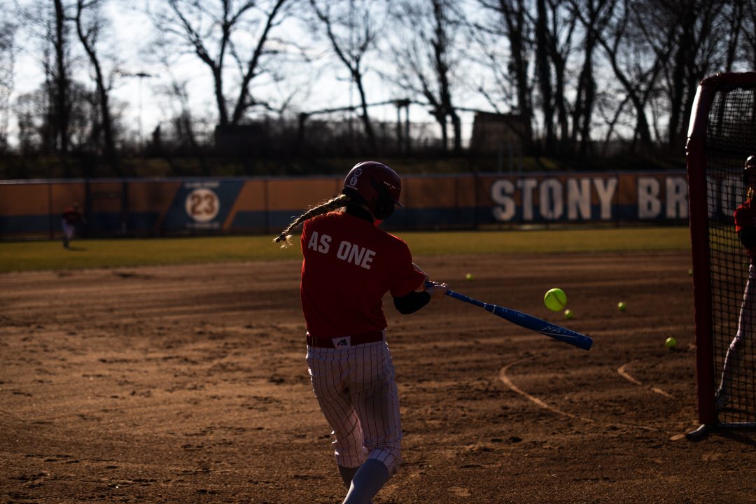 First baseman/designated player Ashley Jacobson taking batting practice on Wednesday, Feb. 8. Jacobson wnet 3-for-7 in the Hampton/Norfolk Battle at the Bays tournament last weekend. TIM GIORLANDO/THE STATESMAN