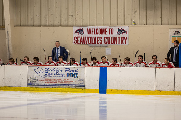 The Stony Brook club hockey team sitting on the bench before the game against Delaware on Sunday, Jan. 15. Due to several strange technicalities in the ACHAs rules, the Seawolves are in danger of missing the national tournament for only the second time in 23 years. PHOTO COURTESY OF AZTEKPHOTOS