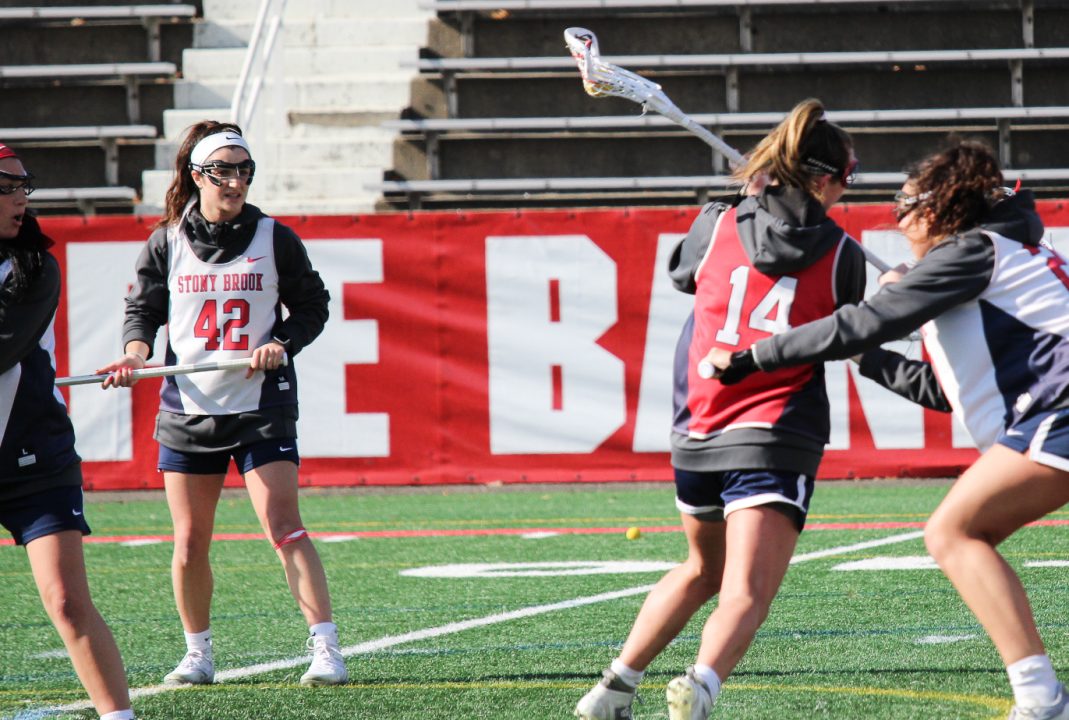 Defender Clare Levy (left) practicing with Kailyn Hart (right) on Monday, Feb. 6. Levy a Long Island native looks to lead the potent Stony Brook womens lacrosse teams defense to a national championship in 2023. MAYA DUCLAY/THE STATESMAN