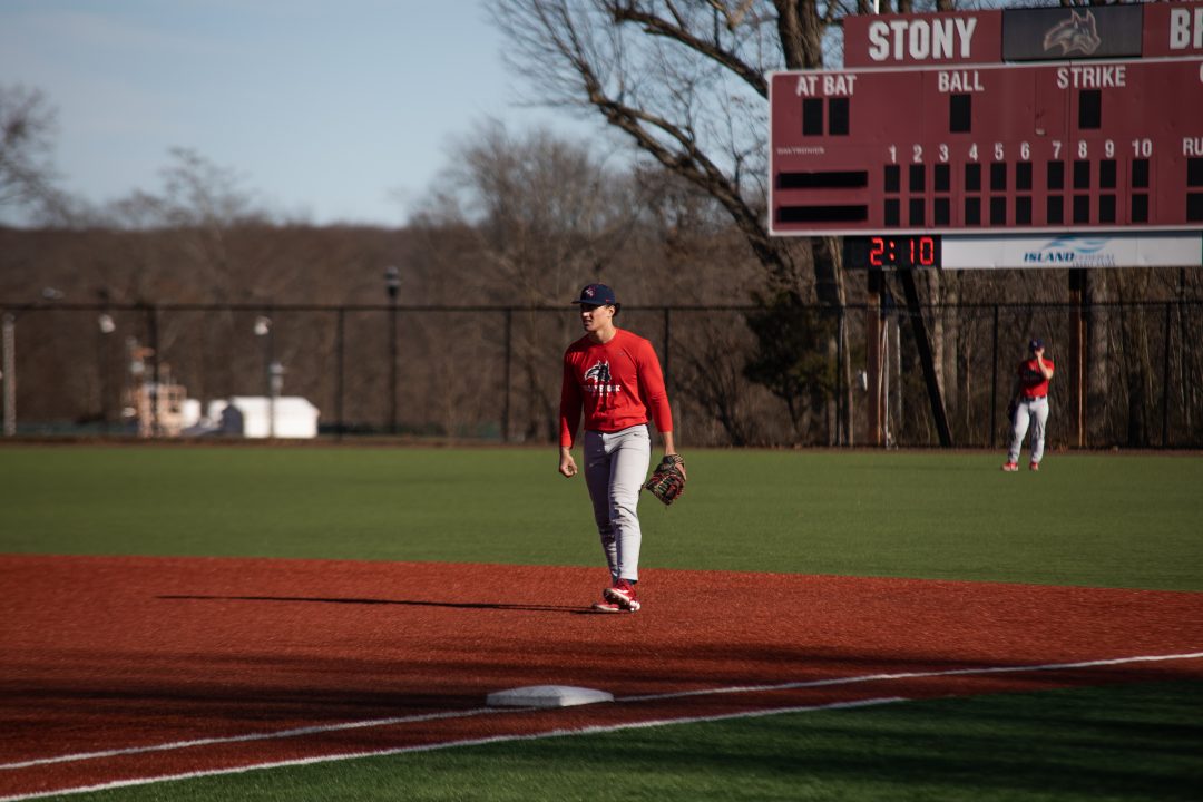 First baseman Jason Campo at an outdoor practice on Feb. 10. Campo got his first-career at-bat on Sunday as the Stony Brook baseball team lost its ninth-straight game. KAT PROCACCI/THE STATESMAN