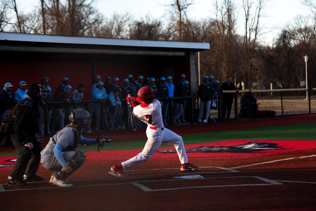Center fielder Evan Fox hits a pitch against LIU on Wednesday, March 8. Fox hit a leadoff home run and drove in two runs in the season-series finale with LIU on Tuesday.