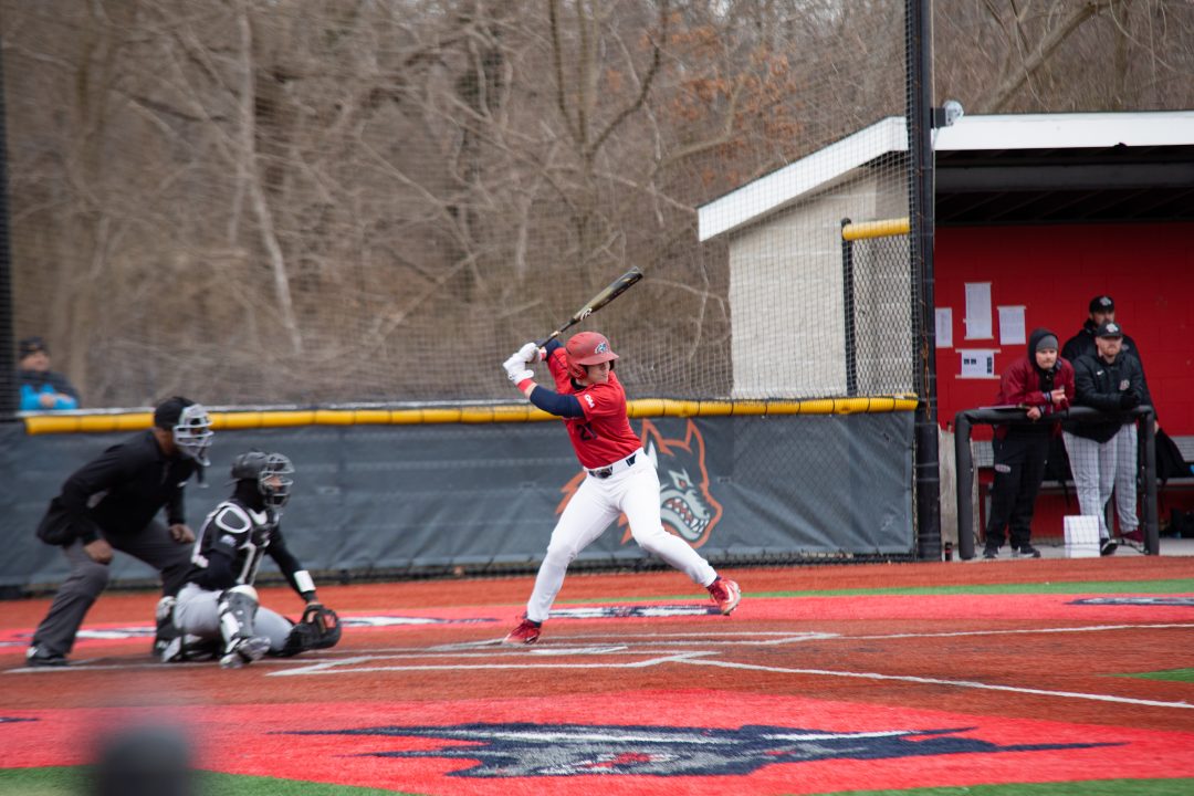 Left fielder Matt Brown-Eiring taking an at-bat against Lafayette on Friday, March 10. Brown-Eiring drove in six runs in the Stony Brook baseball teams sweep of Lafayette. BRITTNEY DIETZ/THE STATESMAN