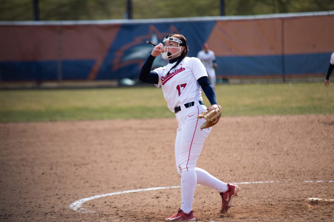 Pitcher Ashton Melaas throws a pitch against Hofstra on Saturday, March 18. Melaas pitched well this weekend, but the Stony Brook softball team was swept despite her efforts. TIM GIORLANDO/THE STATESMAN