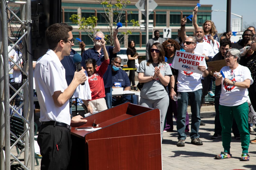 President of the UUP chapter at Stony Brook University Andrew Solar-Greco speaking to members during a union protest on Wednesday, April 12. Its the second protest organized by five unions following MAPS all-paid parking model proposal back in February.TIM GIORLANDO/THE STATESMAN