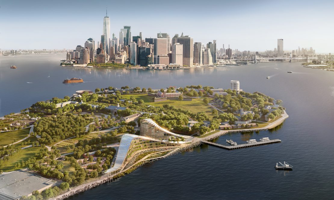 Rendering of an aerial view of The Exchange, the proposed bid by Stony Brook University in developing Governors Island into a start-of-the-art climate research center. The University has been selected as the anchor institution for this project on April 24.  IMAGE PROVIDED BY SOM/MIYSIS 