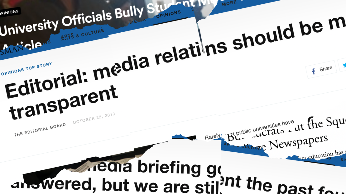 Clippings of previous articles regarding the state of media relations with student-run publications. ILLUSTRATED BY TIM GIORLANDO/THE STATESMAN